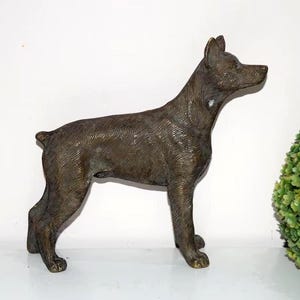 May include: Bronze-colored dog statue in a standing pose. The sculpture has a textured surface and detailed features, including pointed ears and a slender build. The dog is positioned to the left, with a green plant in the background.