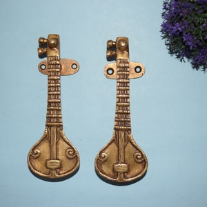 Maa Saraswati Veena 7'' Inches Door Handle | Brass Sitar Shape Cabinet Pull | Religious Temple Door Grip