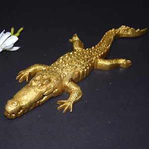 Golden Crocodile Statue | Brass Reptile Theme Table Showpiece | Home Decoration | Metal Paperweight