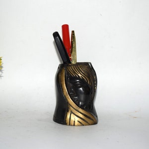 Lady Face Engraving Pen Stand | Brass Pencil Holder | Home Workplace Decoration