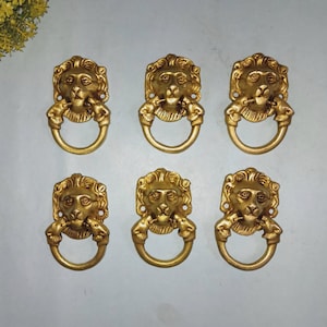 Brass Lion Face Door Knob Set 0f 06 Pieces | Mini Ring Drop Cabinet Furniture Hardware Pulls | Total Weight- 140 x 6 = 840 Grams Approx. OGL