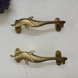 7.5&quot; Inches Dolphin Door Handle Set | Brass Nautical Fish Cupboard Puller Set | Handmade Housewarming Gifts