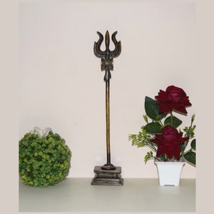 Lord Shiva Trident Statue Exotic Vintage Trishula | 14.5&#39;&#39; Inches Long Beautiful Temple Brass Shoolam | Weight- 880 Grams Approx.