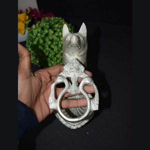 Puxador de porta de latão estilo pastor alemão | Aldrava artesanal com design de rosto de lobo | Decoração de porta para festa em casa de campo