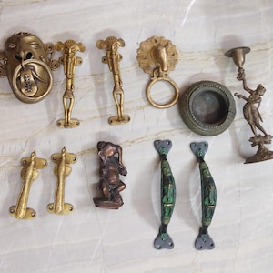 Brass Tribal Mask and Horse Knocker, Peacock and Tribal Ganesha Man Handle, Vintage Lady, Ganesha Idol Ashtray Total Weight - 4.68 KG Approx