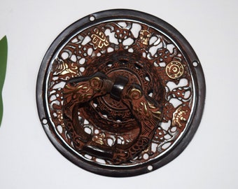 Twin Dragon Design Red Tibetan Knocker | Hand Carved Style Round Shape Doorbell