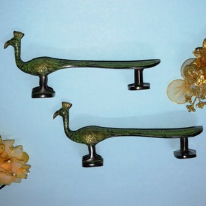 Long Tail Peacock Door Handle Pair | Carved Brass Peafowl Shape Door Pull | Modern Resort Welcoming Door Decor