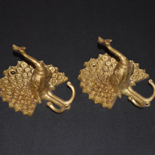 Brass shops Winged Peafowl Shape Double Wall Hook | Ornate Peacock Design Curtain Tieback Holder | Set of 02 Pieces