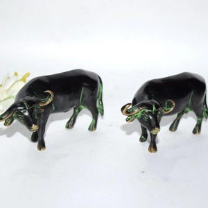 Village Buffalo Table Statue | Brass Metal Cattle Theme Sculpture Table Showpiece Set of 02 Pieces KWB