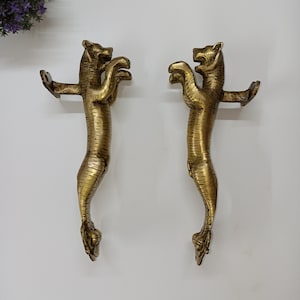 Leaping Tiger Design Entry Door Handle Pair | Brass Jumping Panther Shape Outdoor Puller | Home Door Accessories