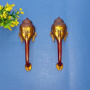 真鍮製仏陀僧顔ドアハンドルペア | 2個セット ハンドル チベット神 手工芸品 装飾 | ゲートウェイドアアクセサリー
