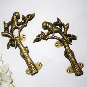 7" inches Brass Tree on Parrot Figurine Door Handle | Garden Door Pull