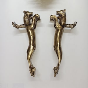 Raring Tiger Main Door Handles | Lacquered Brass Leaping Cheetah Door Hardware Grab Puller