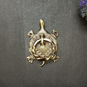 Turtle Theme Door Hardware Bell | Lacquered Brass Tortoise Door Knocker | Commercial Home and Office Decor