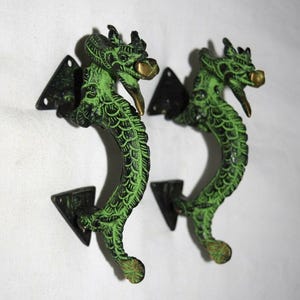 Tibetan Dragon Door Handle Pair | Brass Metal Fire Dragon Door Hardware KWB021