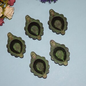 Oil Diya Holder With Floral Design Border | Brass Bud Shape Oil Wick Lamp | Set of 05 Pieces