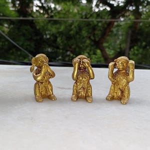 Puede incluir: Tres pequeñas figuras de monos dorados en las poses de 'no ver el mal, no oír el mal, no hablar el mal'. Los monos están sentados sobre una superficie blanca, con un fondo verde borroso de árboles y follaje.
