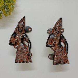Brass Young Buddha Design Home Windows Puller Set | Buddha Holding Flower Entryway Door Handle Pair | Tibetan Theme Home Decor