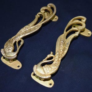 7.0インチ 孔雀柄キッチンキャビネットハンドル | 真鍮製 自然鳥モチーフ食器棚用取っ手セット 金具 KWB023