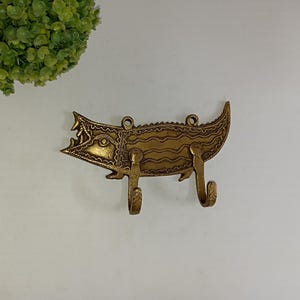 Bastar Crocodile Design Hook | Brass Tribal Alligator Symbols Wall Clothes Hanger