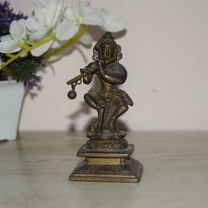 Brass Krishna With Flute Vintage Idol Showpiece | Dancing Vishnu Avatar God Murti Table Statue | Weight- 325 Grams Approx.