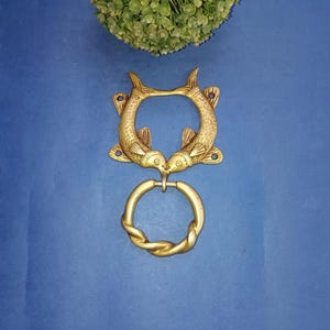 Könnte beinhalten: Ein messingfarbener Wandhaken mit dem Design von zwei sich küssenden Fischen und einem gedrehten Ring darunter. Die Fische sind mit Schuppen und Flossen detailliert. Der Haken ist auf einer blauen Oberfläche montiert, mit einer grünen Pflanze im Hintergrund.