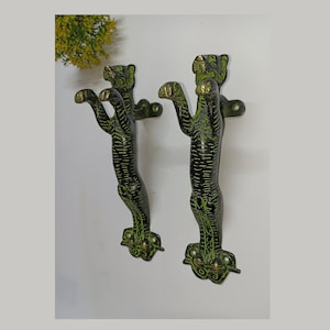 Roaring Tiger Shape Welcoming Door Handle Pair | Brass Male Leopard Design Door Puller | Entry Door Home Decor