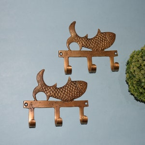 Pair of Wall Hooks | Brass Fish Design Triple Hook | Majestic Coat Hanger
