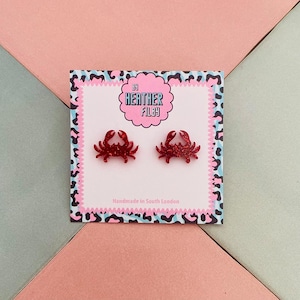 Red Glitter Crab Stud Earrings: Handmade Quirky Animal Jewelry