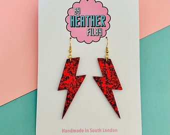 Statement Red Glitter Lightening Bolt - Flash Earrings