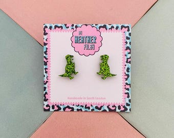 Green Glitter T-Rex Stud Earrings: Quirky Dinosaur Jewelry