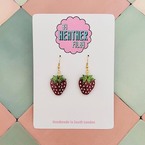 Red Strawberry Glitter Dangle Earrings: Handmade Resin Fruit Jewelry