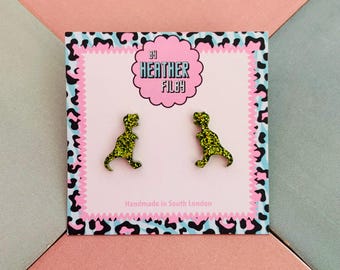 Green Glitter T-Rex Stud Earrings: Quirky Dinosaur Jewelry