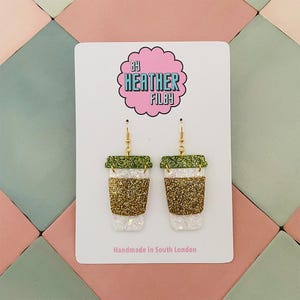 Coffee Cup Glitter Resin Earrings – Handmade Quirky Jewellery | Novelty Food Earrings | Fun Statement Accessories