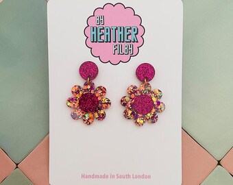 Glitter Daisy Resin Earrings: Retro Floral Statement Jewelry