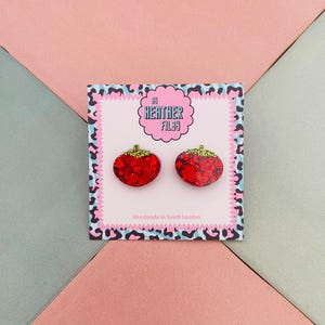 Tomato Glitter Resin Stud Earrings: Handmade Quirky Food Jewelry