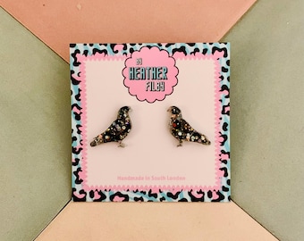 Glitter Resin Pigeon Stud Earrings, Quirky Animal Jewellery, Handmade Sparkle studs