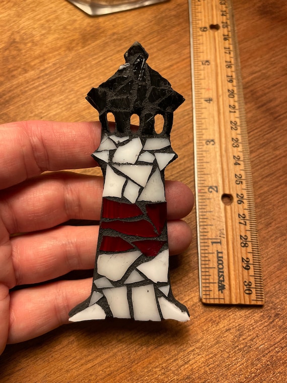 Lighthouse Christmas tree Ornament Handcrafted Wood Mosaic Double Sided Ribbon 