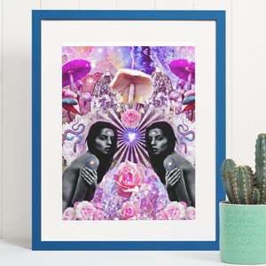 May include: A framed print with a collage of images, including two women with their eyes closed, mushrooms, flowers, and a galaxy background. The frame is blue.