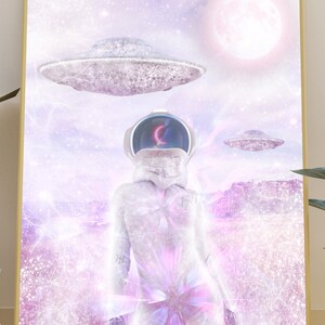 Female Astronaut Art Print | UFO Pink Aesthetic Wall Decor | Sci-Fi Wall Art | Surreal Cosmic Artwork | Modern Pop Art