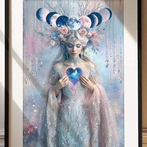 Lunar Goddess Heart Chakra Print  - Ethereal Celestial Wall Decor - Moon Phases Spiritual Fantasy Artwork - Witchy Aesthetic Gift