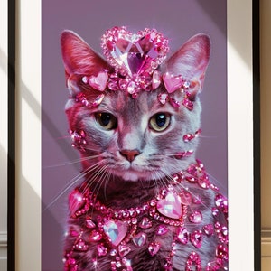 Crystal Cat Art Print | Pink Heart Crown Cat | Kitty Room Decor | Magical Cat Wall Art | Sparkle Queen Cat | Modern Pop Art Print