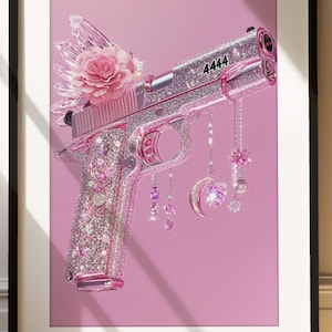 Pink Crystal Gun Art Print, Glitter Weapon Wall Decor, Girly Gun Decor, Sparkle Pink Rose Pistol, Girly Firearm Poster, Feminine Firearm Art