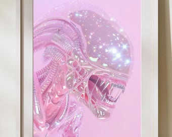 Glittering Pink Alien Art Print, Holographic Sci-Fi Decor, Futuristic Sparkle Wall Art, Glam Alien Poster, Iridescent Fantasy Creature Print