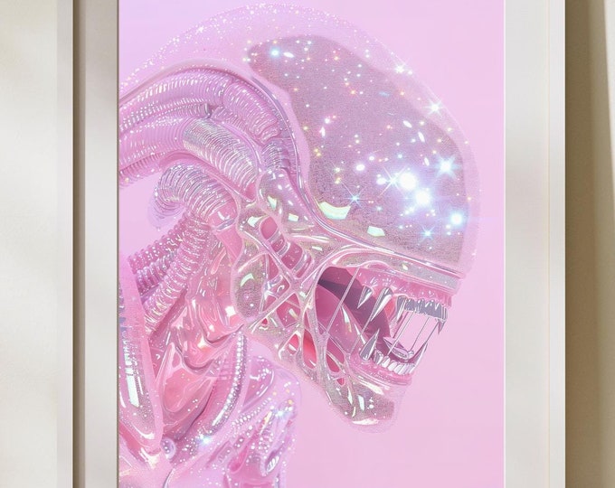 Glittering Pink Alien Art Print, Holographic Sci-Fi Decor, Futuristic Sparkle Wall Art, Glam Alien Poster, Iridescent Fantasy Creature Print