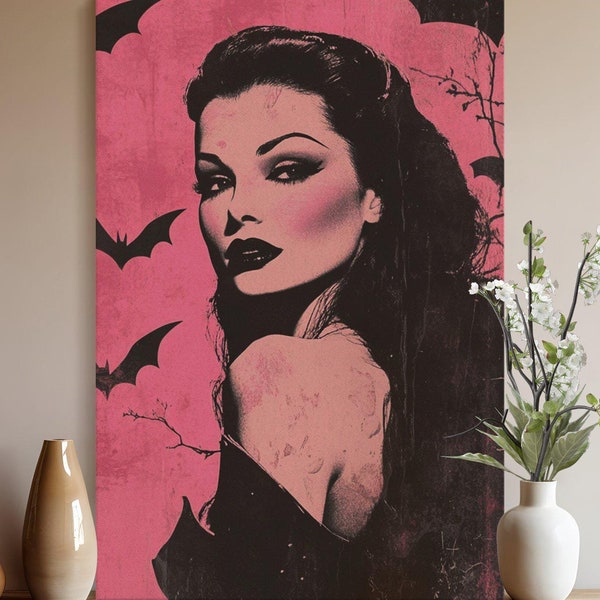 Vintage 50s Vampira Art Print | Gothic Halloween Wall Decor | Retro Horror-Inspired Pink and Black Illustration | Vintage Style Vampire Art