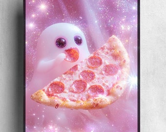 Kawaii Pink Ghost with Pizza Art Print | Pink Halloween Sparkly Aesthetic Wall Art | Magical Spooky Decor |  Pastel Pink Decor