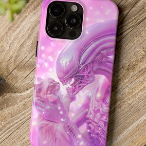 Pink Alien Cat Phone Case, Xenomorph Horror Cute iPhone Samsung Holographic Glitter Style Case