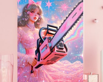 May include: A pink and white illustration of a woman in a sparkly dress holding a pink chainsaw. The background is a blue and pink galaxy with stars and glitter.