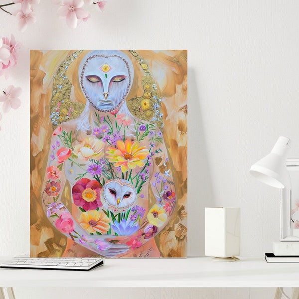 Floral Deity Art Print - Whimsical Owl Goddess - Botanical Body Illustration - Symbolic Nature and Spirituality Wall Art - Ethereal Floral